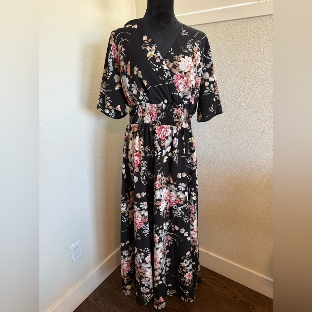 SHEIN Black and Pink Floral Maxi Dress